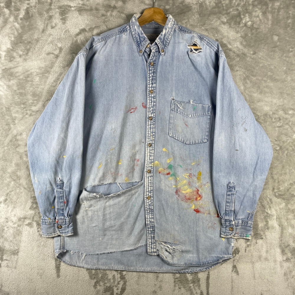 Vintage Denim Button Up Shirt Mens Large Blue Paint Splatter Painter Distressed
